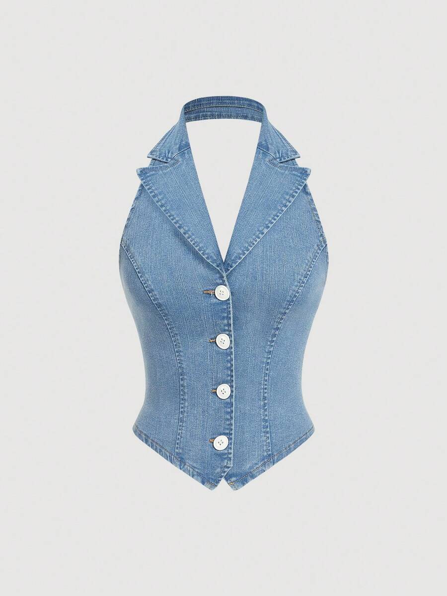 SHEIN MOD 女士时尚露背吊带无袖牛仔外套 - 藍色 - 查看 1