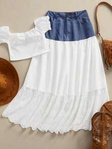 LanaWest Western Style New Denim Contrast Lace Ruched Long Skirt, Versatile For Multiple Occasions - White - View 3