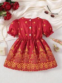 SHEIN Baby Girls Unique Print Cute Puff Sleeve Dress - Red - View 2