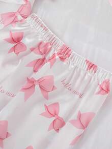 2pcs/Set Toddler Girls' Light Pink Taffeta Bow & Ribbon Print Short Sleeve Cardigan And Pants Casual Pajamas - White - View 7