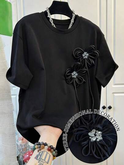 Resyla Handcrafted Three Dimensional Diamond Flower Embellished Round Neck Women's Black T-Shirt Back-To-School Season Top Summer Essential Fashion Top Sibling Gift Sister Gift Mother's Gift Mother's Day Gift Casual And Stylish Top