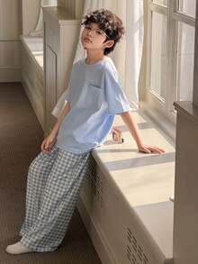 DAZY 男童夏季休闲舒适口袋T恤和格子短裤睡衣套装 春季 - 藍色 - 查看 2