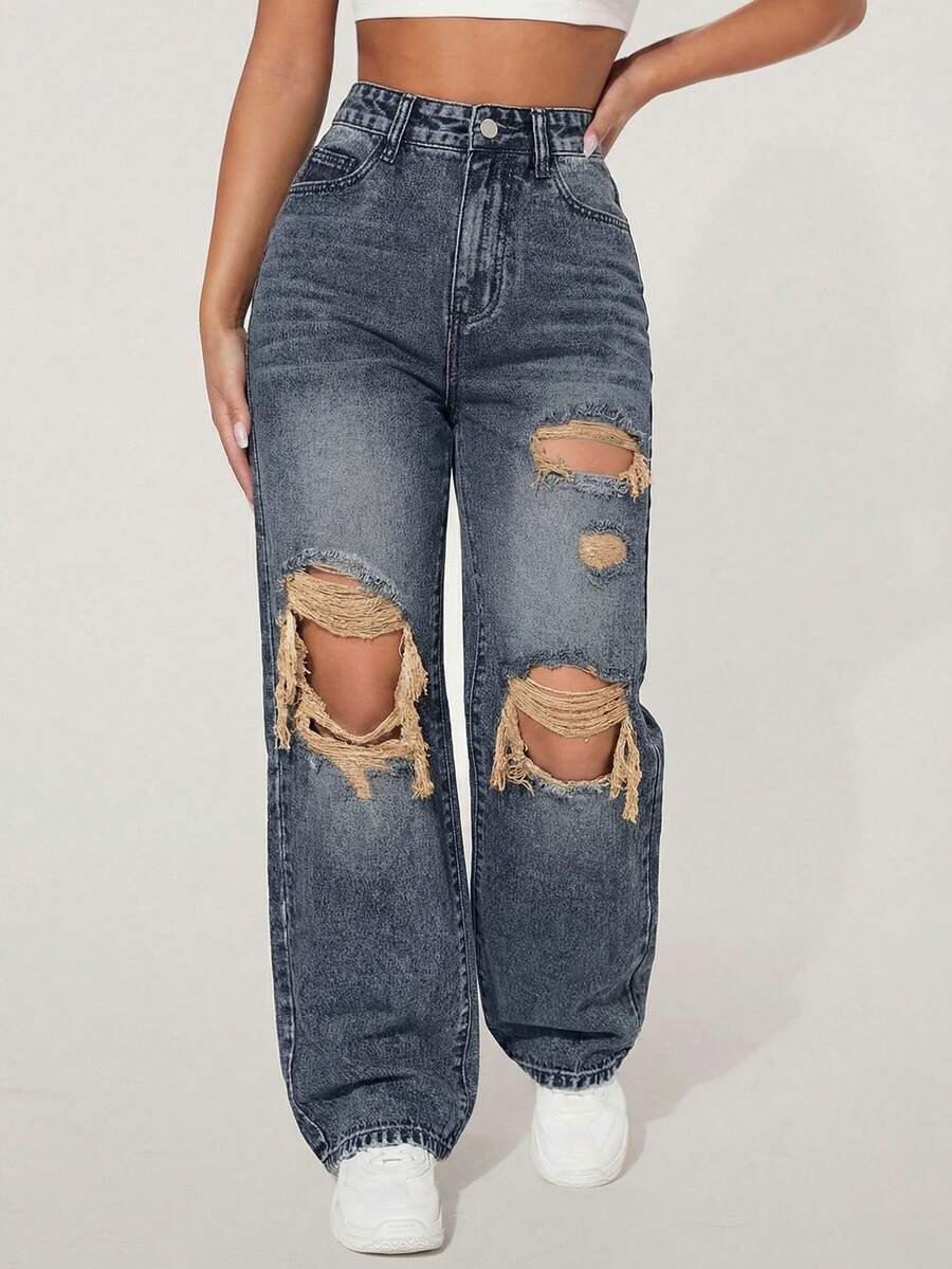 SHEIN PETITE Quần jean denim dáng suông rộng rãi, phong cách vintage rách rưới. - Màu xanh lam - Xem 1