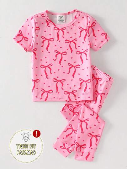 2pcs Cute Heart & Bow Decor Short Sleeve Top And Leggings Snug Fit Pajama Set For Women
