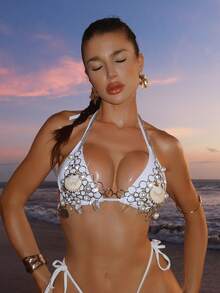 Swim SXY Summer & Autumn New Shell Pearl Bralette Top, Sexy & Fashionable Design For Music Festivals, Bohemian Style Women Coverup - Silver - View 7