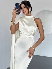 Firerie Women's Sexy  Elegant Minimalist Commuting Long Ribbon Backless Fitted Charmeuse Solid Color Asymmetry Waist Dress,Waist A-Line Dress, New Women's Dress, Waist Cinched Dress, Formal/Casual Commute,Wedding,Vacation Outfits Women,Valentine's Day Dress,Summer Dress ,Wedding Dress,Formal, Casual Date, Vacation,Prom Dress,Spring Break Outfits - Apricot - View 2