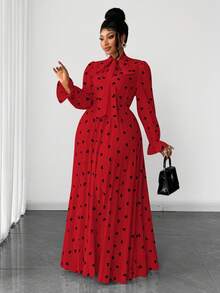 Maweii 大码波点印花荷叶边情人节休闲连衣裙 - 紅色 - 查看 7