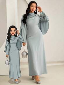 Veilorie Women's Solid Color Mandarin Collar Pleated Elegant Long Sleeve Arabian Dress Najma Dress Modest Women Modest Dress - Green - View 2