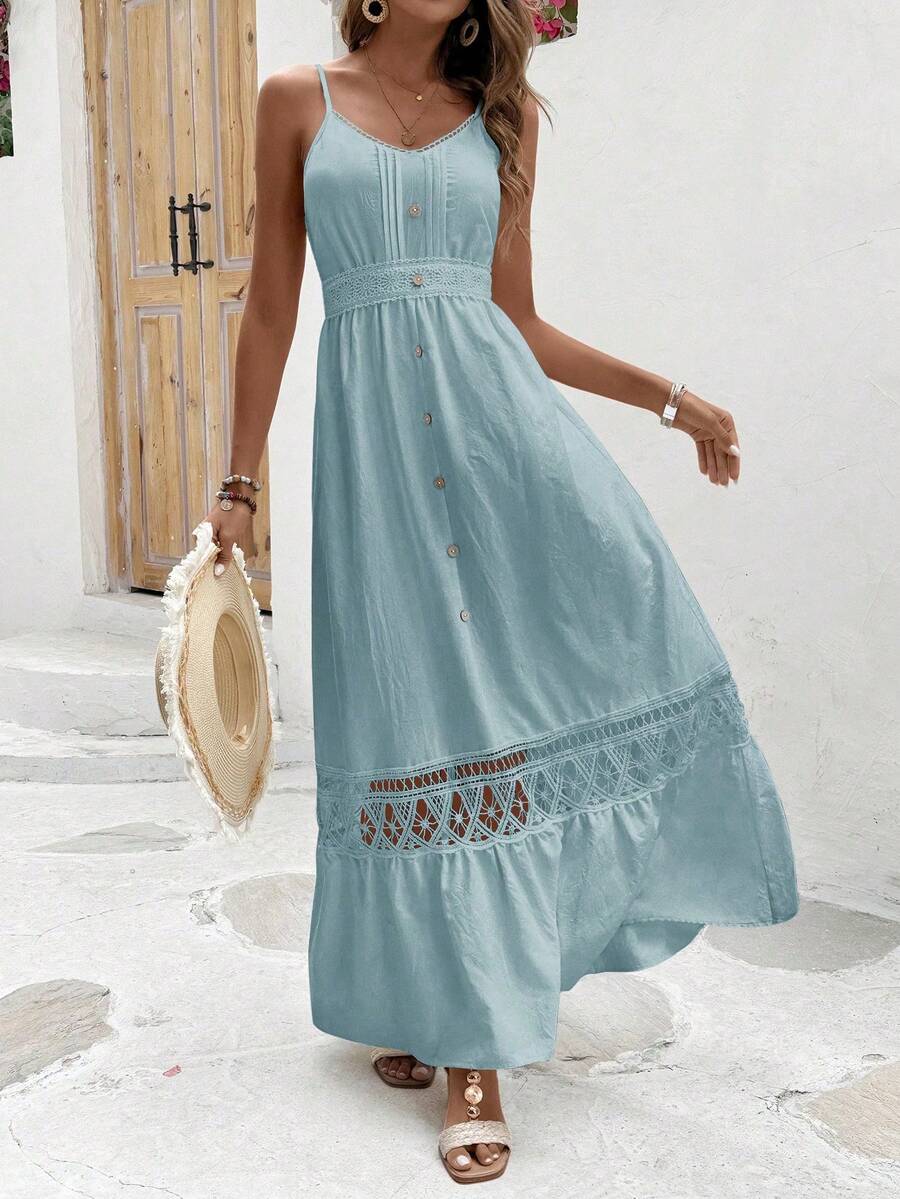 Breezaya Rochie maxi pentru femei, cu imprimeu de dantelă, model patchwork, cu bretele spaghete, model floral, ținută de plajă și vacanță - Albastru - Vizualizare 1
