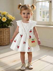 SHEIN Vintaside Kids Baby Girl Cherry Embroidered Sweet Princess Dress + Matching Cherry Accessory Bag, Sleeveless, Comfortable, Fashionable Outfit For Daily Wear - White - View 11