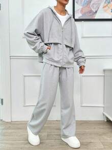 EURMUSE HAI MẢNH ÁO HOODIE HAI CHỈ ÁO THUN VÀ QUẦN LEN CÓ CHI TIẾT ĐÁ LẤP LÁNH - Màu Xám nhạt - Xem 4