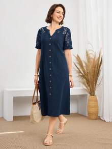 Miaspire Women's Casual V-Neck Lace Patchwork Mid-Length Dress - Navy Blue - View 3