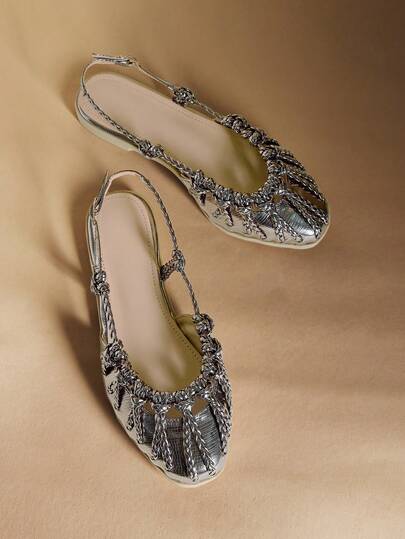 Rosivie Damen Flache Sandalen, goldenes gewebtes Riemendesign mit geschlossener Zehenpartie