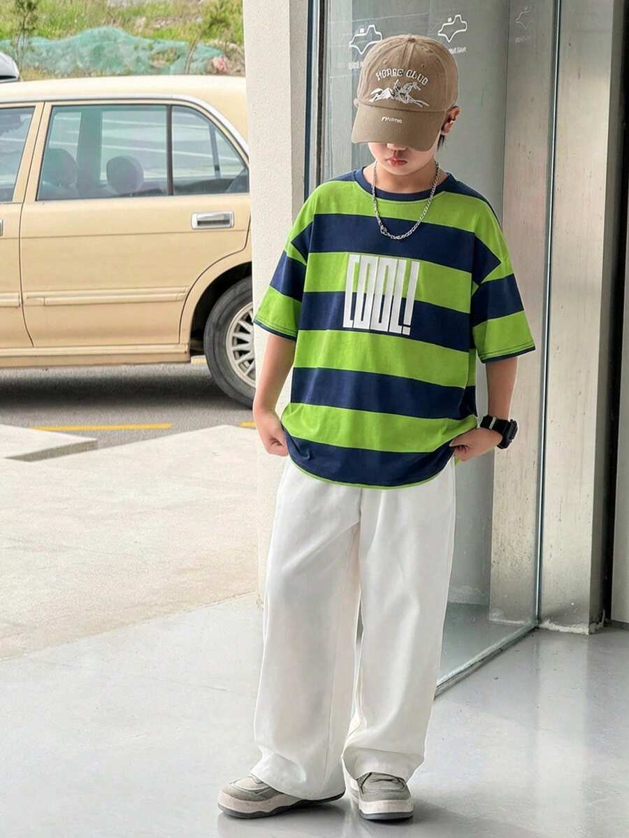 SHEIN 2pcs Kids/Tween Boys' Casual Striped Print Graphic Crew Neck Short Sleeve T-Shirt And Solid Woven Shorts Set, Suitable For School, Garden, Beach, Birthday, Spring/Summer/Fall/Winter - Multicolor - View 1