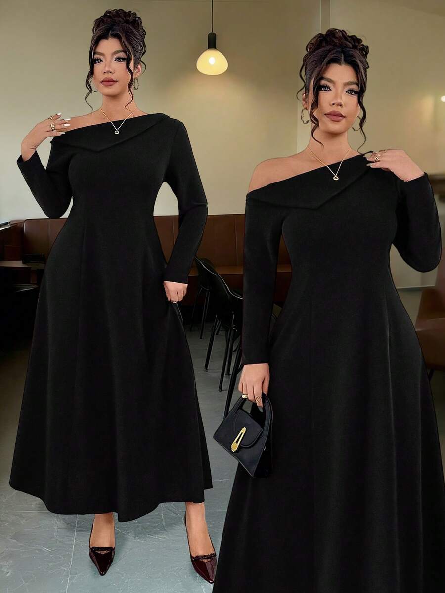 Elenzga Rochie de seară cu guler înalt, mânecă lungă, model A, tiv tip coadă de pește, tricotată moale, mărime plus, pentru ieșiri, petreceri, întâlniri și naveta - Negru - Vizualizare 1