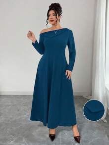 Elenzga Vestido de línea A de manga larga con cuello alto, ajuste de cintura, hombro asimétrico y bajo irregular, de punto suave y elegante para salir, fiestas, citas y uso diario, talla grande - Agua verde azul - Ver 6