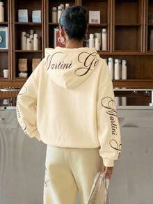 SHEIN EZwear 蛋黄色女式连帽刺绣卫衣 女式坏女孩服装 黄色卫衣 奶油黄服装 Y2K卫衣 - 淡黃色 - 查看 2