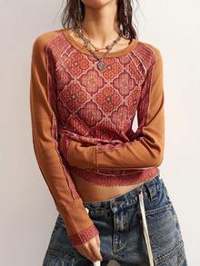 Bohemela 女士休闲针织拼接长袖圆领修身水洗T恤 - 黃色 - 查看 2