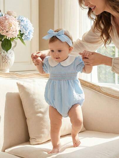 SHEIN Baby Girl Colorblock Peter Pan Collar Puff Sleeve Cute Bodysuit