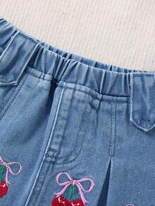 SHEIN Young Girl Fold Pleated Denim Skirt,Spring Summer Boho Cuet Skirt - Light Wash - View 5