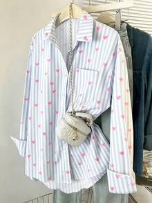 Airaco Plus Size Women Striped Heart Print Long Sleeve Single-Breasted Pocket Shirt - Baby Blue - View 1