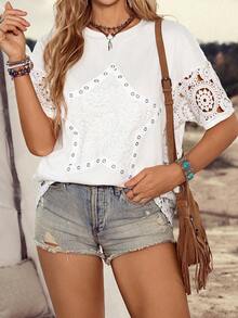 LanaWest 女士西式蕾丝镂空圆领短袖宽松T恤，适合春季及多种场合穿着。 - 白色 - 查看 1