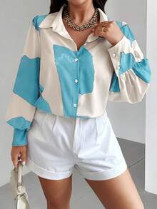 Weeklong Cămașă casual cu nasturi și imprimeuri aleatorii pentru femei, mărime plus