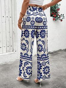 SHEIN Holidaya Bow Tie Elastic Waist Wide Leg Printed Maxi Skirt For Women - Blue - View 2