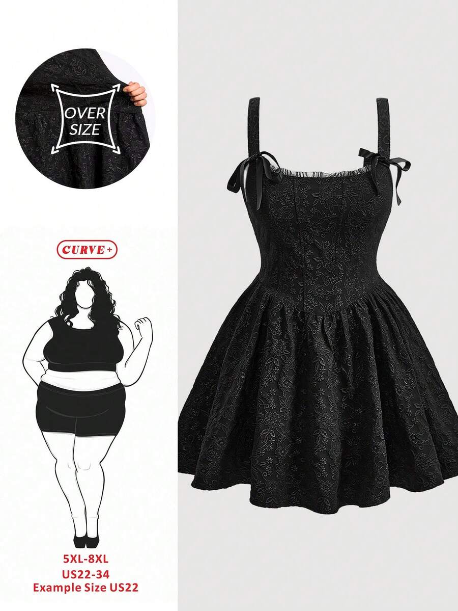 SHEIN CURVE+ CURVE PLUS /Valentine's Day/Women's Plus Size Jacquard Bow Tie Waist Dress,Graduation Dress,Birthday Dresses For Women,Corset Dress For Women - Black - View 1