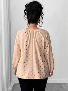 Elenzga Blusa elegante de manga farol con cuello en V y estampado de puntos dorados, talla grande, otoño - Albaricoque - Ver 2
