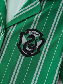 HARRY POTTER X SHEIN Striped Badge Patterned Top And Shorts Lounge Set, - Green - View 8