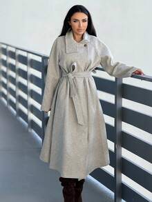 Durrani Popal Autumn And Winter Women's Casual High-Neck Button Belt Long Woolen Coat, Old Money Style Women's Clothing/Women's Office Wear/Outing Wear, Women's Autumn Clothing - Apricot - View 5