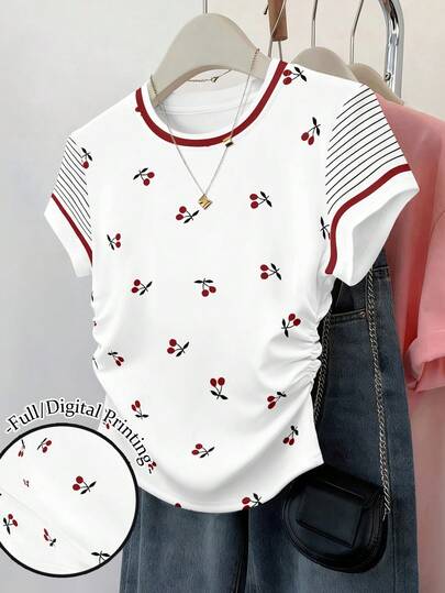 Resyla 女士收腰短袖修身褶皱腰部上衣樱桃印花图案短袖条纹T恤