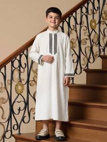 SHEIN Vacaura Tween Boy Casual Minimalist Retro Floral Formal Shirt, Suitable For Formal Occasions, Outings & Daily Wear - White - View 3