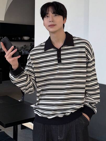 DAZY 男士条纹多色长袖 Polo 衫，春季
