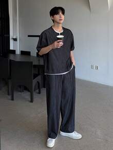 DAZY 男士短袖T恤和裤子套装，黑色二合一设计，春夏款 - 黑色 - 查看 6