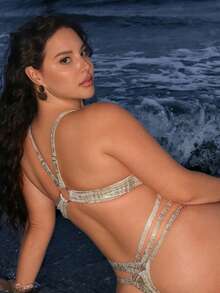 Slaysola Plus Size Women Sequin Deep V-Neck Backless Tie Strap One-Piece Swimsuit, Fashionable High-End Beach & Pool Wear For Summer Beach Vacation - Gold - View 5