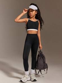 SHEIN Ensembles sans couture pour activités de préadolescentes, hauts et leggings 2 en 1 bicolores, tenue de yoga et de sport décontractée, couleurs contrastées noir et blanc, tissu extensible et confortable - Noir et Blanc - Voir 3