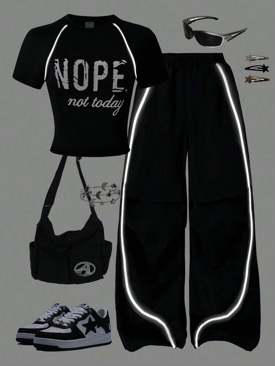 Sparklyn Bộ 2 món áo thun và quần dài kiểu dáng thường ngày dành cho nữ tuổi teen, in hình ngôi sao trắng trên ngực, dây rút trang trí màu trắng, thích hợp cho đi dạo, mua sắm, đi học, có thể phối cùng áo khoác hoặc áo vest. - màu đen - Xem 1