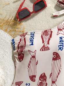 Soleia 女士字母鱼印花连体泳衣，时尚度假之选 - 彩色 - 查看 4