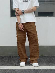 Manfinity ZONE917 Men's Solid Color Frayed Edge Slant Pocket Casual Versatile Jeans - Brown - View 6