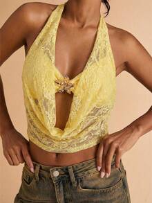 SHEIN BAE Women's Vacation Casual Sexy Plunging Neck Backless Lace Blouse - Yellow - View 6