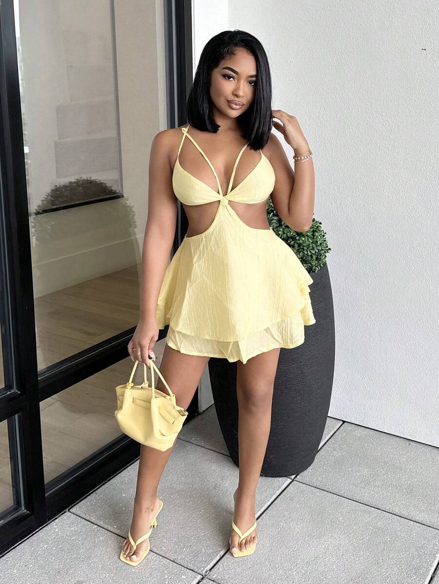 Alexandranx 女式性感简约纯色交叉露背多层下摆吊带背心迷你连衣裙，夏季 - 黃色 - 查看 1