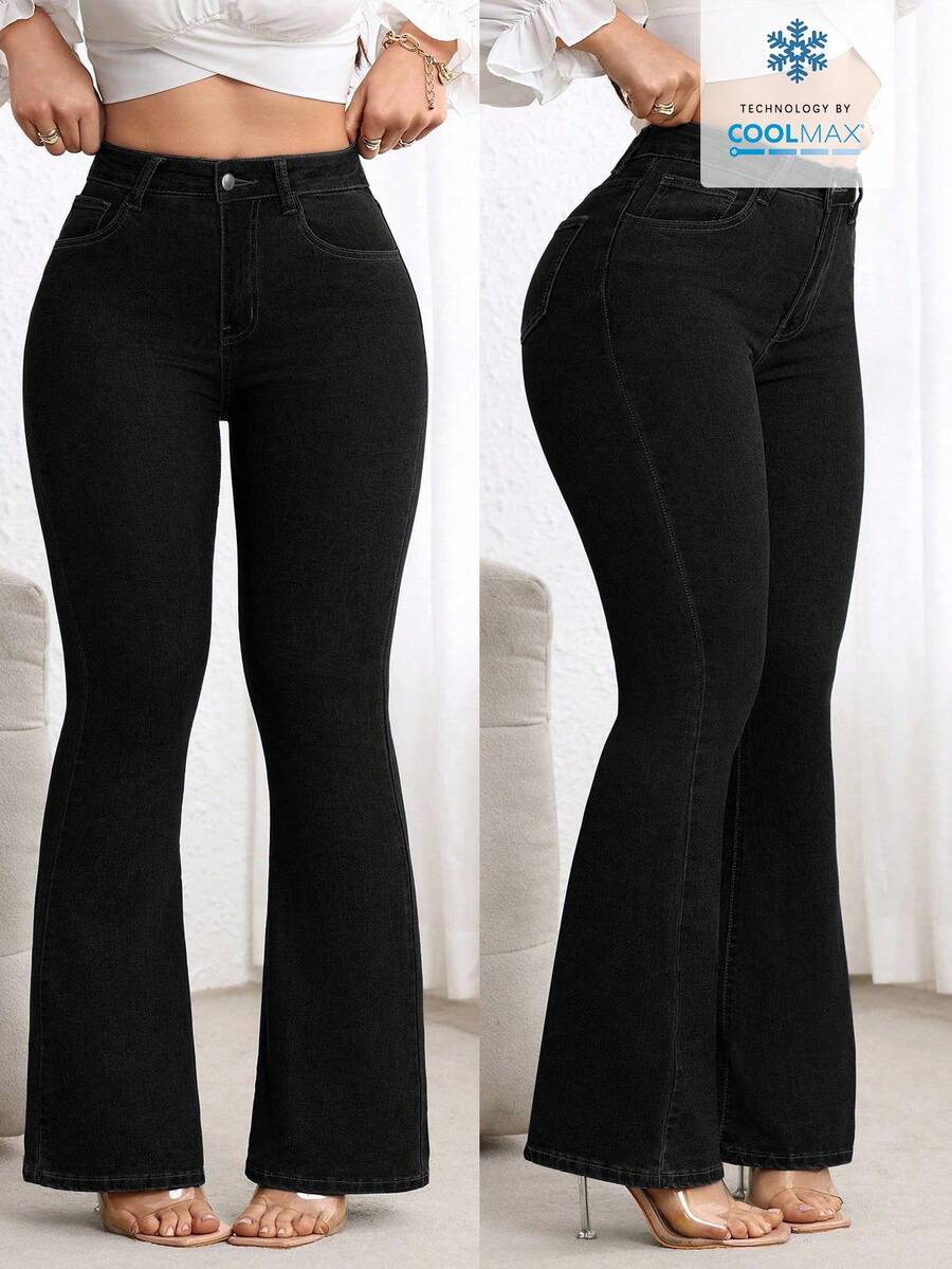 Flexra Celana Jeans Hitam Ukuran Besar Pinggang Tinggi Slim Fit Model Flare Leg - Hitam - View 1
