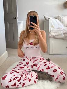 SHEIN EZwear Ensemble casual femme avec débardeur et short imprimés léopard, cœur et nœud papillon - Rouge - Voir 9