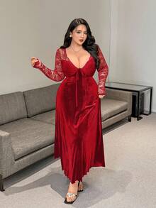 Vibekara Đầm nhung dáng chữ A dài tay cổ chữ V thắt nơ phối ren, kiểu dáng thanh lịch cổ điển gợi cảm dành cho nữ cỡ lớn, thích hợp cho mùa Thu/Đông. - Đỏ - Xem 5