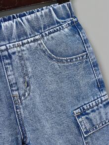 两件套男童休闲牛仔套装，包括连帽背心和宽松工装牛仔短裤，复古中蓝色 - 淺色水洗藍 - 查看 4