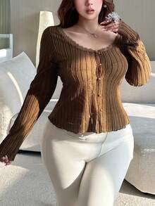 Dazy Plus Contrast Lace Tight Crew Neck Short Sleeve T-Shirt, Vacation Style, Spring/Summer - Brown - View 2