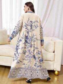 SHEIN Najma 大码女式复古花卉菱形格纹数码印花优雅长袖纽扣领连衣裙，春秋季 - 彩色 - 查看 2
