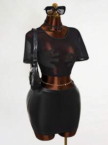 Mistrie Lady Sexy Net Fabric Transparent Embroidery T-Shirt - Black - View 3